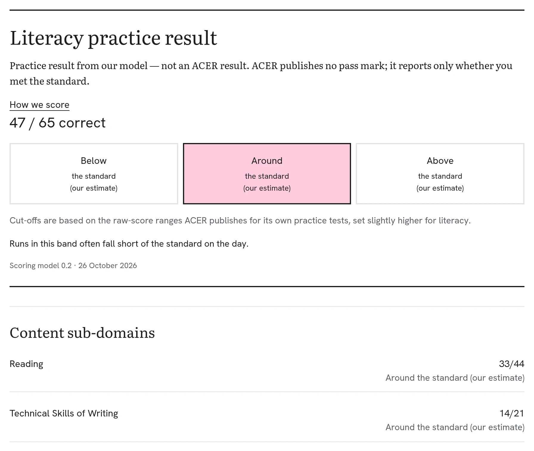 PassToTeach practice result: the header 'Practice result from our model — not an ACER result', then a band labelled 'our estimate' for Reading and for Technical Skills of Writing.