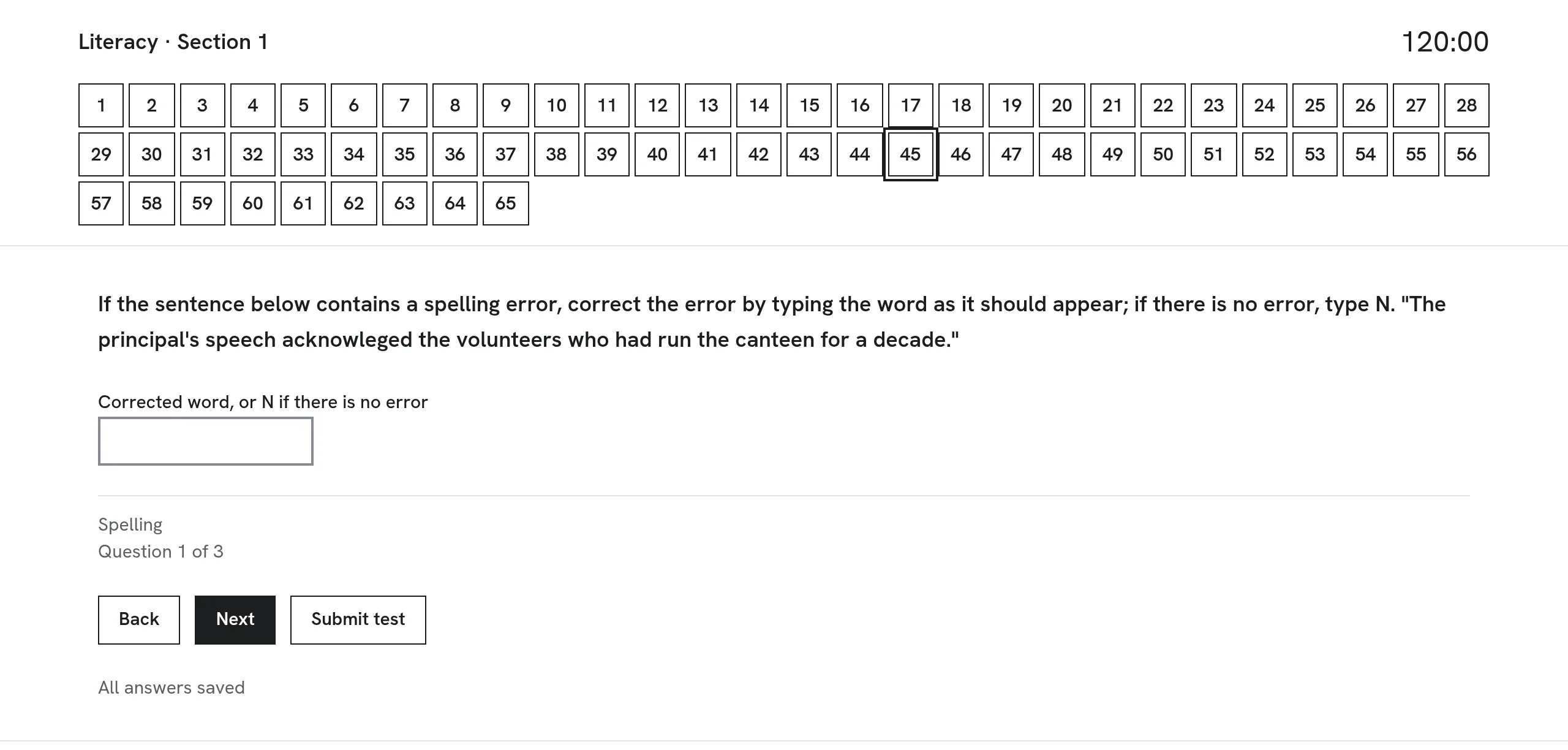 PassToTeach literacy practice test: a spelling question with the sentence to check, a one-word answer box and the instruction to type N if there is no error.