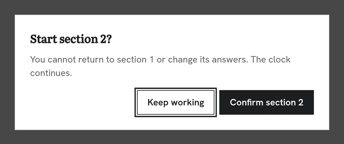 Dialog before numeracy section 2: once you start section 2 you can't return to section 1.