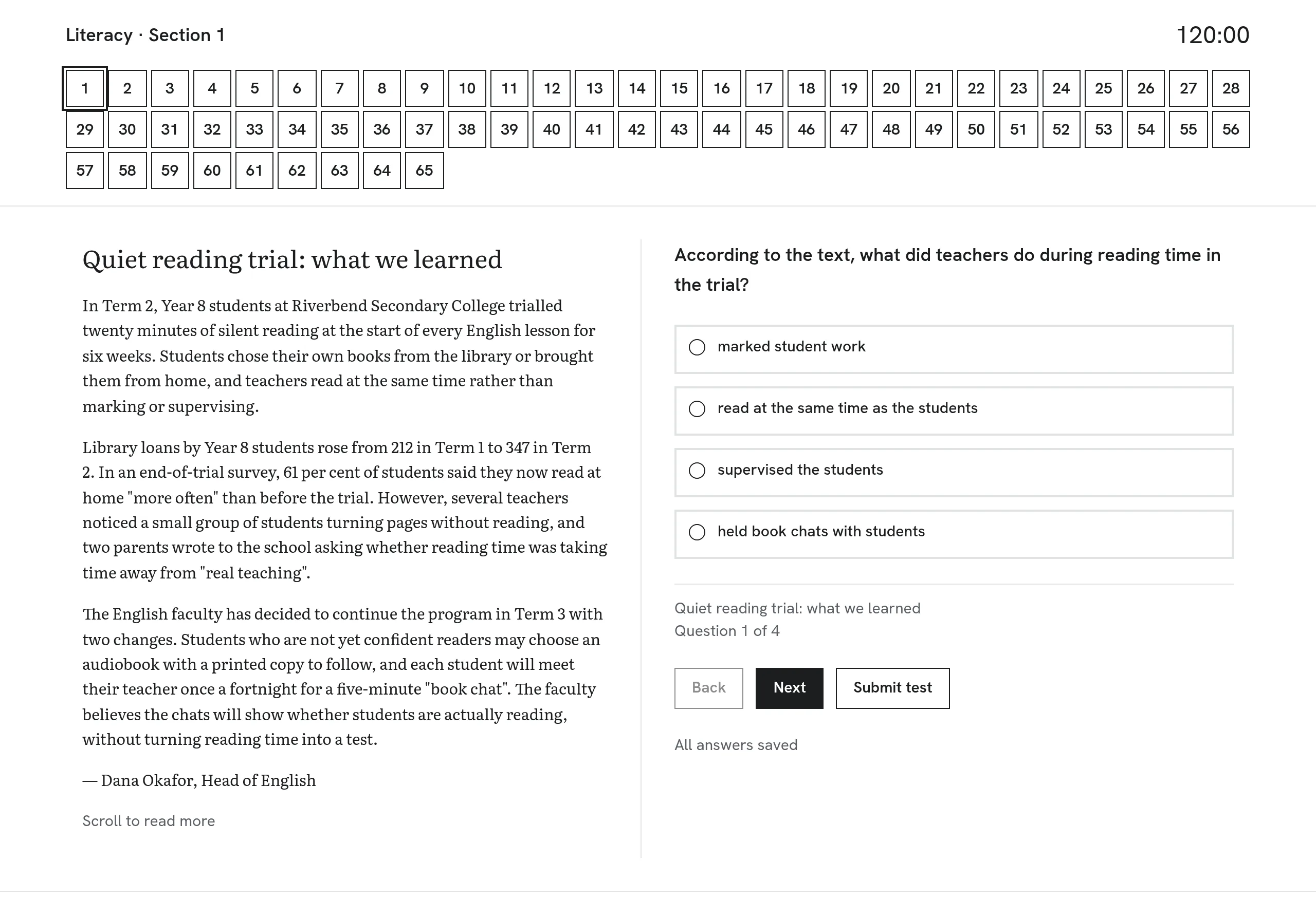 PassToTeach literacy test: a reading text in a scrolling pane beside a multiple-choice question.