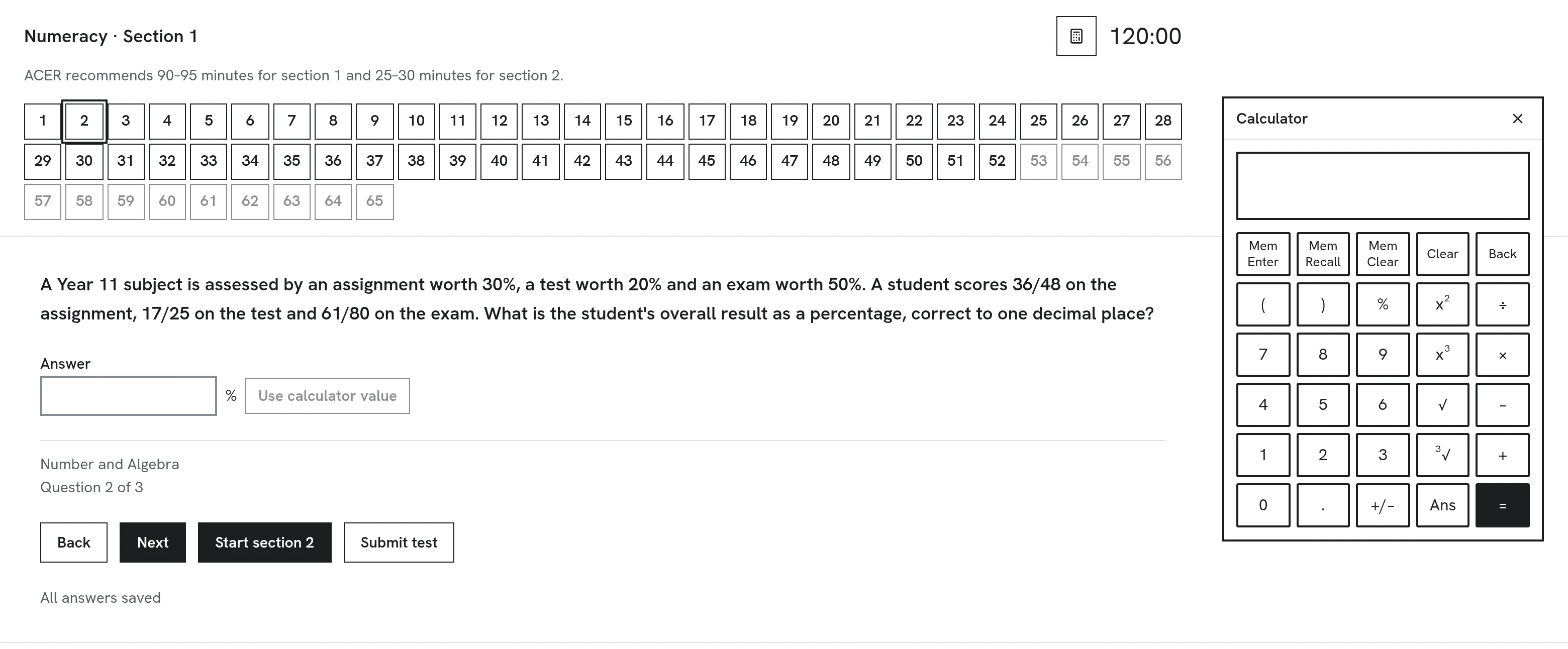 PassToTeach numeracy practice test: numbered question boxes across the top, a numeric answer box with units outside it, and the on-screen calculator open beside the question.